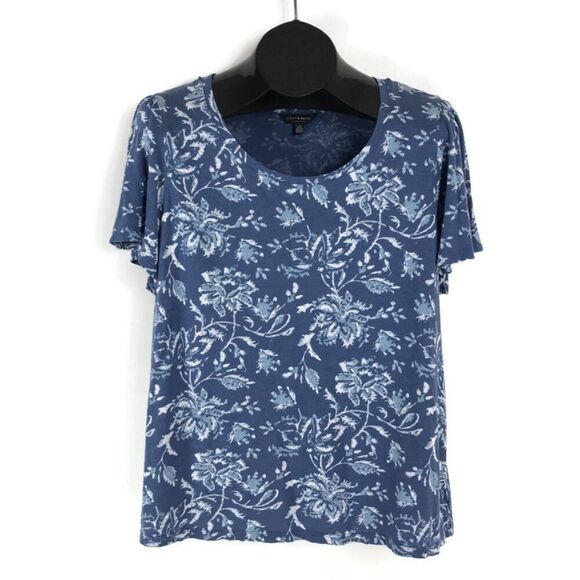 Lucky Brand Floral Scoop Neck Tee Women's Large Blue Stretch Knit Casual Summer - Picture 1 of 11